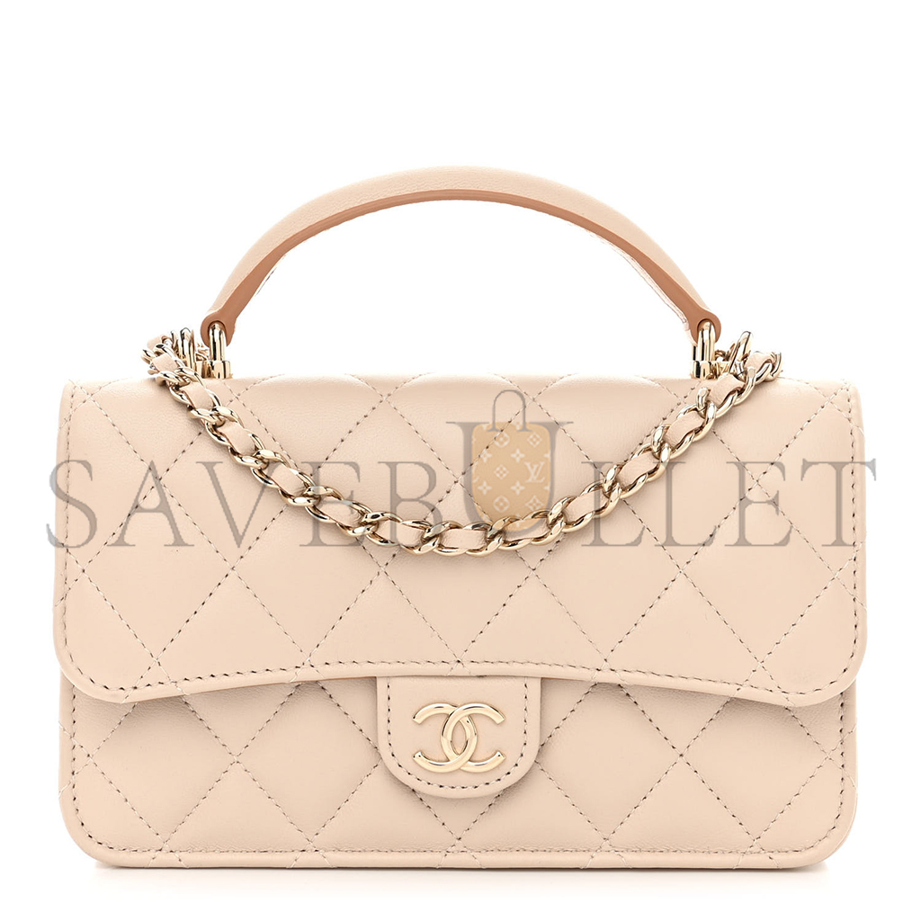 Ch*el master lambskin quilted flap phone holder with chain beige brown ap3226 (17.2*10*3.3cm)